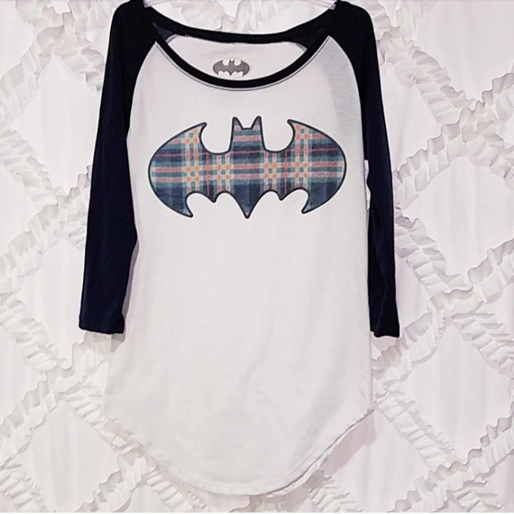Batman Navy White Plaid Logo Raglan Baseball Shirt - Picture 1 of 4